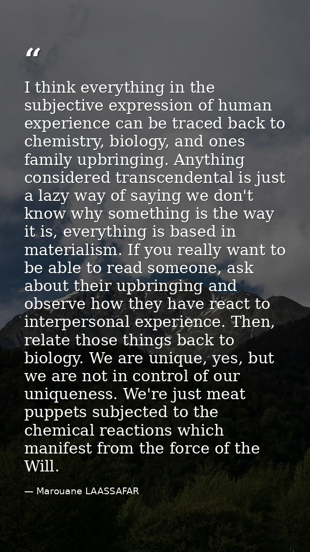 I think everything in the subjective expression of human experience can be traced back to chemistry, biology, and ones f — Marouane LAASSAFAR