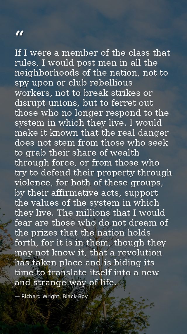 If I were a member of the class that rules, I would post men in all the neighborhoods of the nation, not to spy upon or  — Richard Wright, Black Boy