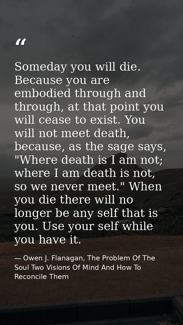 Someday you will die. Because you are embodied through and through, at that point you will cease to exist. You will not  — Owen J. Flanagan, The Problem Of The Soul Two Visions Of Mind And How To Reconcile Them