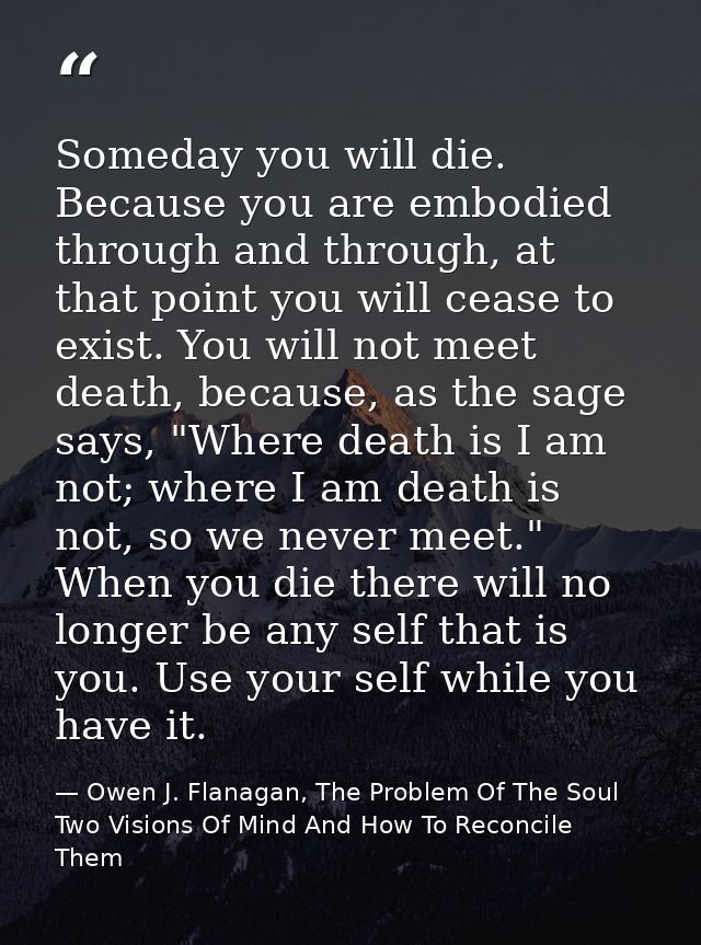 Someday you will die. Because you are embodied through and through, at that point you will cease to exist. You will not  — Owen J. Flanagan, The Problem Of The Soul Two Visions Of Mind And How To Reconcile Them