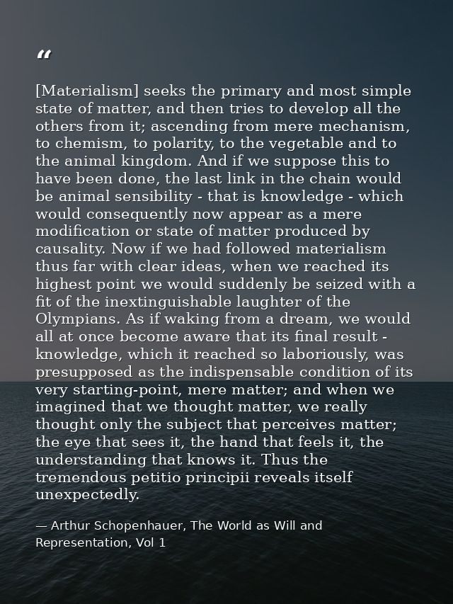 [Materialism] seeks the primary and most simple state of matter, and then tries to develop all the others from it; ascen — Arthur Schopenhauer, The World as Will and Representation, Vol 1