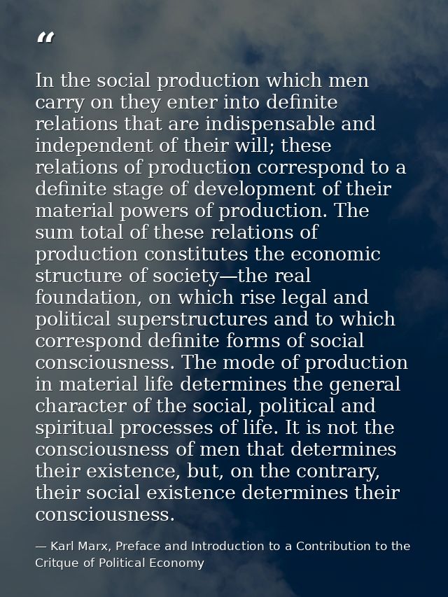 In the social production which men carry on they enter into definite relations that are indispensable and independent of — Karl Marx, Preface and Introduction to a Contribution to the Critque of Political Economy