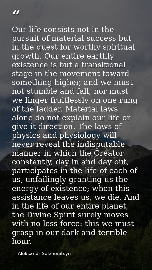 Our life consists not in the pursuit of material success but in the quest for worthy spiritual growth. Our entire earthl — Aleksandr Solzhenitsyn