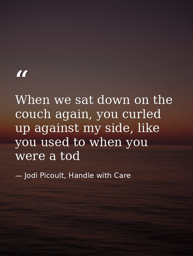 When we sat down on the couch again, you curled up against my side, like you used to when you were a tod — Jodi Picoult, Handle with Care