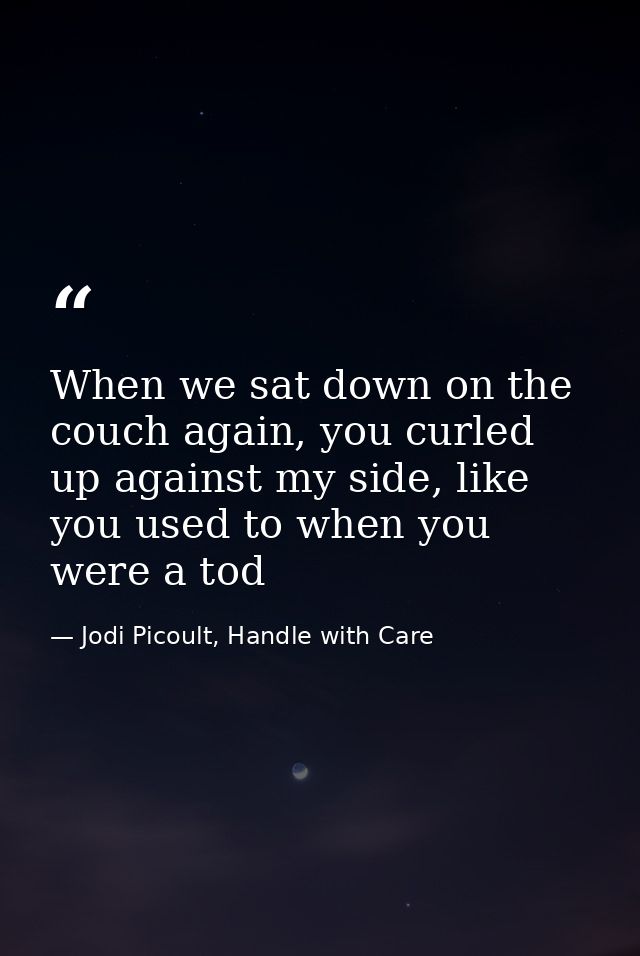 When we sat down on the couch again, you curled up against my side, like you used to when you were a tod — Jodi Picoult, Handle with Care