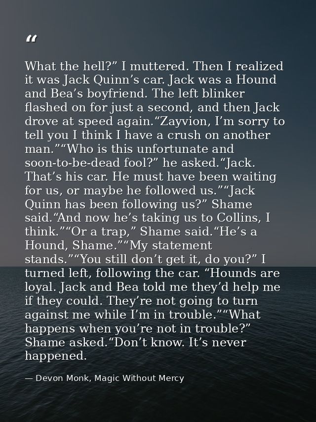 What the hell?” I muttered. Then I realized it was Jack Quinn’s car. Jack was a Hound and Bea’s boyfriend. The left blin — Devon Monk, Magic Without Mercy