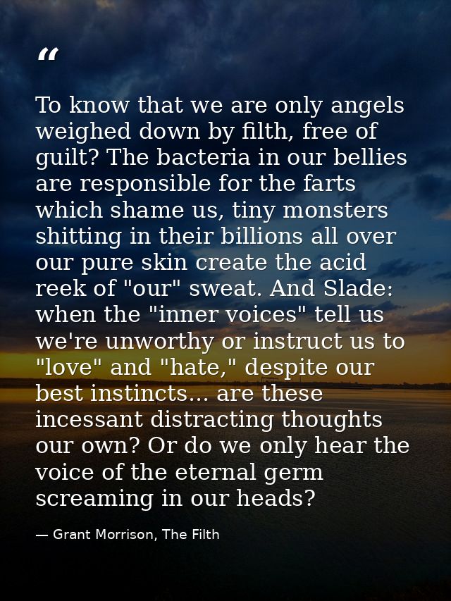 To know that we are only angels weighed down by filth, free of guilt? The bacteria in our bellies are responsible for th — Grant Morrison, The Filth