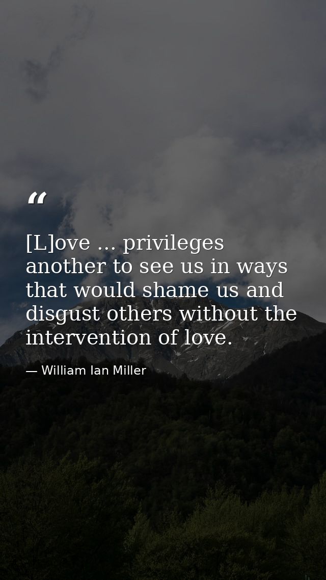 [L]ove ... privileges another to see us in ways that would shame us and disgust others without the intervention of love. — William Ian Miller