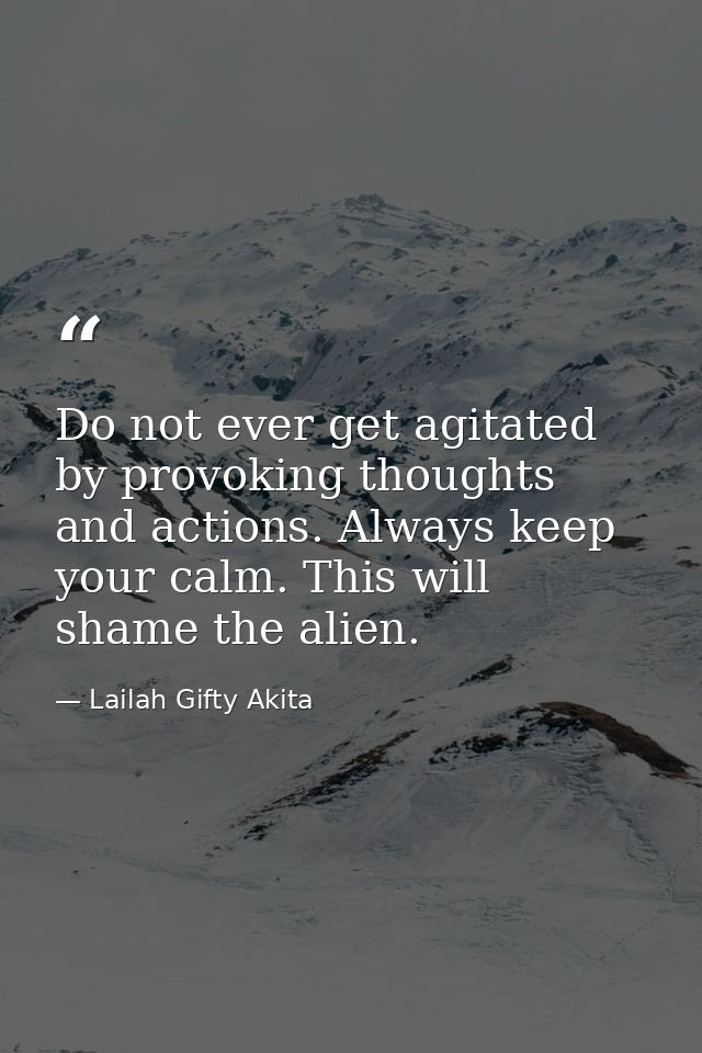Do not ever get agitated by provoking thoughts and actions. Always keep your calm. This will shame the alien. — Lailah Gifty Akita