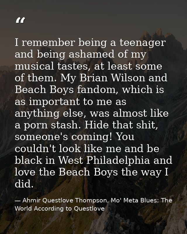 I remember being a teenager and being ashamed of my musical tastes, at least some of them. My Brian Wilson and Beach Boy — Ahmir Questlove Thompson, Mo' Meta Blues: The World According to Questlove