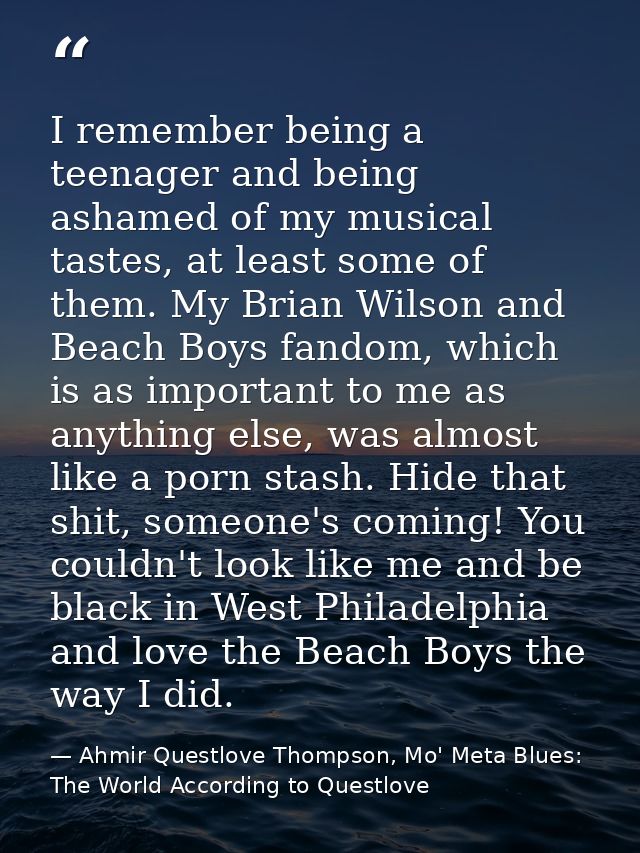 I remember being a teenager and being ashamed of my musical tastes, at least some of them. My Brian Wilson and Beach Boy — Ahmir Questlove Thompson, Mo' Meta Blues: The World According to Questlove