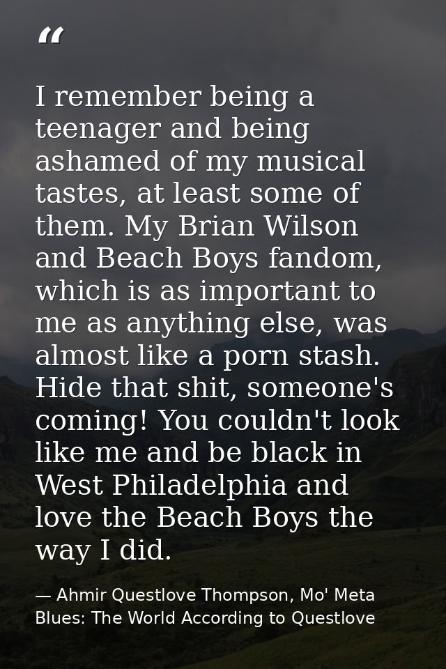 I remember being a teenager and being ashamed of my musical tastes, at least some of them. My Brian Wilson and Beach Boy — Ahmir Questlove Thompson, Mo' Meta Blues: The World According to Questlove