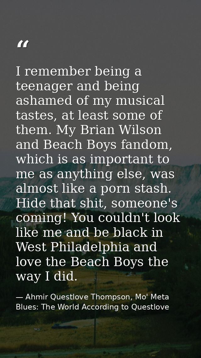 I remember being a teenager and being ashamed of my musical tastes, at least some of them. My Brian Wilson and Beach Boy — Ahmir Questlove Thompson, Mo' Meta Blues: The World According to Questlove