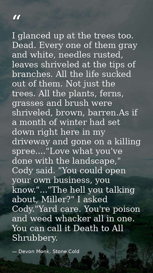 I glanced up at the trees too. Dead. Every one of them gray and white, needles rusted, leaves shriveled at the tips of b — Devon Monk, Stone Cold