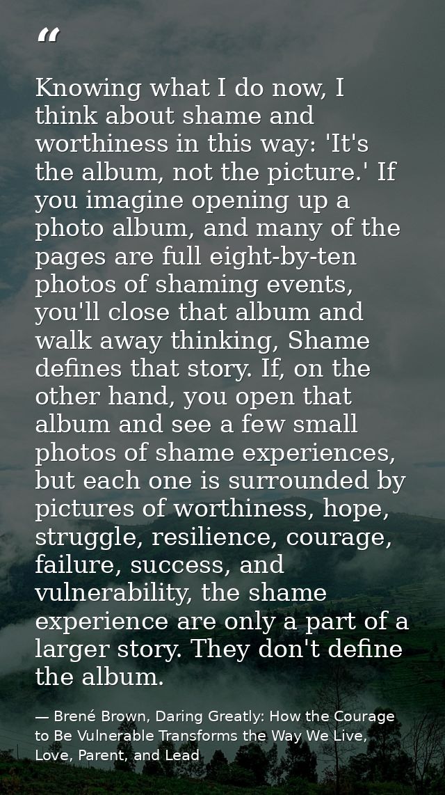 Knowing what I do now, I think about shame and worthiness in this way: 'It's the album, not the picture.' If you imagine — Brené Brown, Daring Greatly: How the Courage to Be Vulnerable Transforms the Way We Live, Love, Parent, and Lead