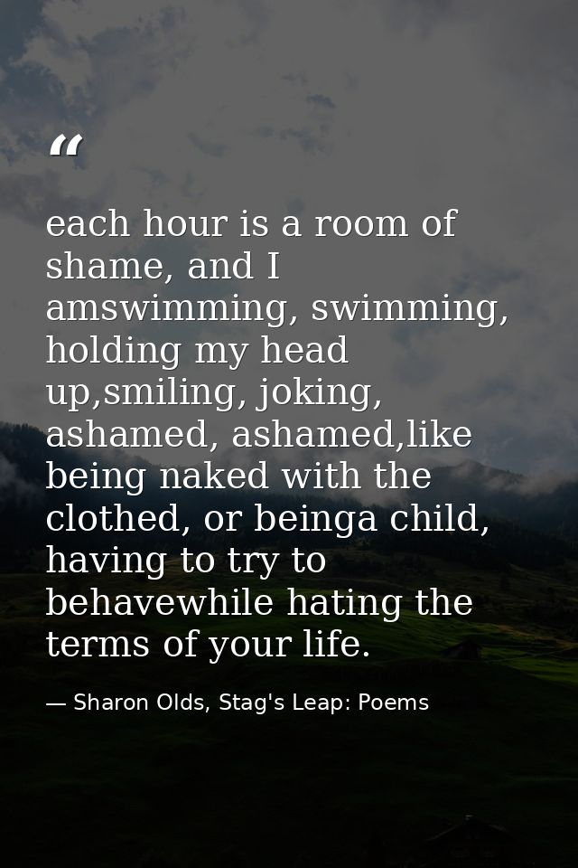 each hour is a room of shame, and I amswimming, swimming, holding my head up,smiling, joking, ashamed, ashamed,like bein — Sharon Olds, Stag's Leap: Poems
