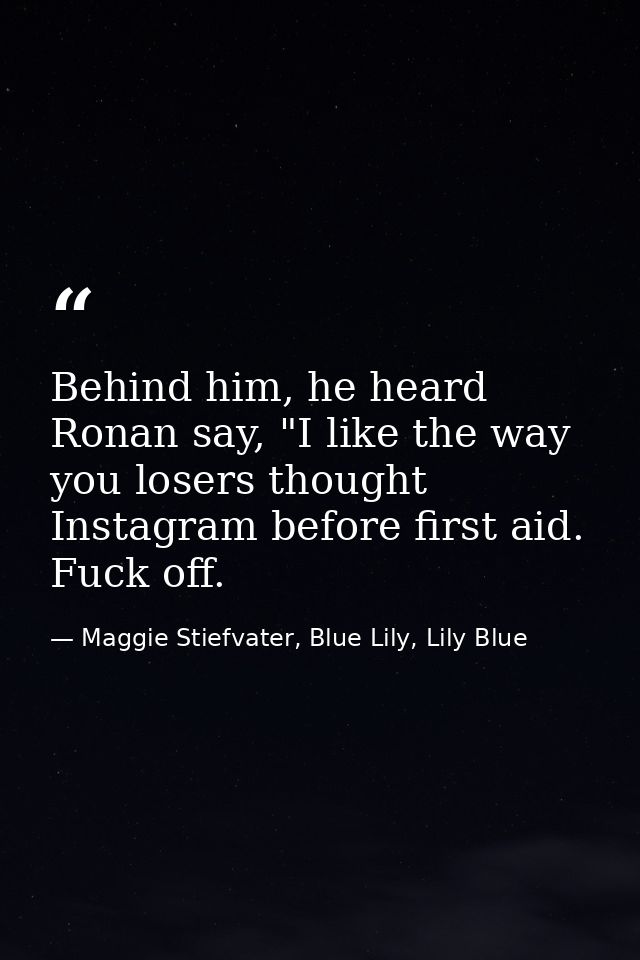 Behind him, he heard Ronan say, "I like the way you losers thought Instagram before first aid. Fuck off. — Maggie Stiefvater, Blue Lily, Lily Blue