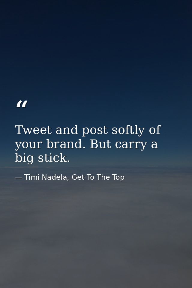 Tweet and post softly of your brand. But carry a big stick. — Timi Nadela, Get To The Top