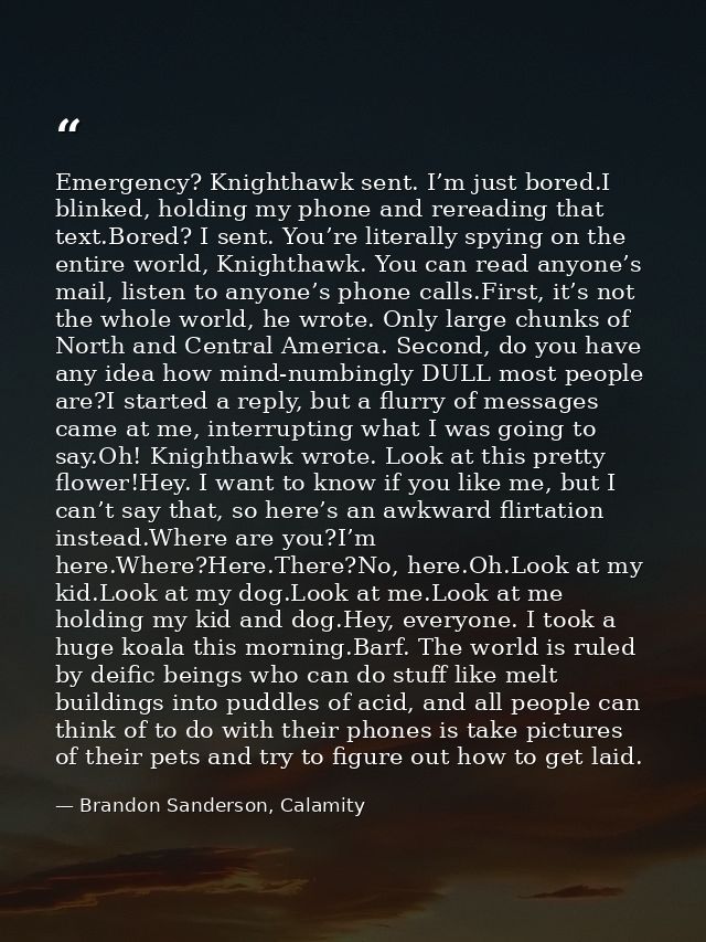 Emergency? Knighthawk sent. I’m just bored.I blinked, holding my phone and rereading that text.Bored? I sent. You’re lit — Brandon Sanderson, Calamity
