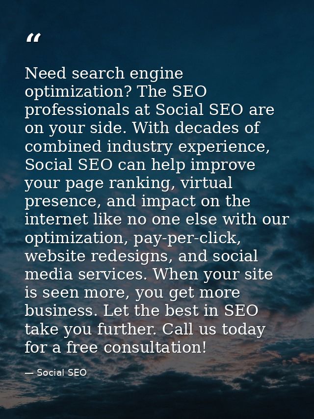 Need search engine optimization? The SEO professionals at Social SEO are on your side. With decades of combined industry — Social SEO
