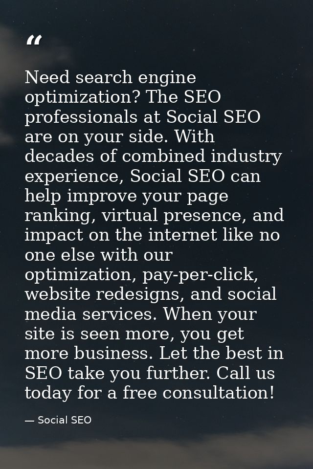Need search engine optimization? The SEO professionals at Social SEO are on your side. With decades of combined industry — Social SEO