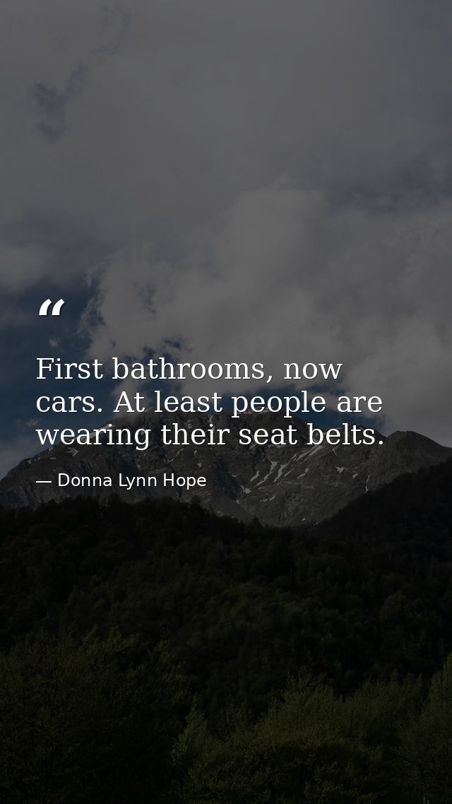 First bathrooms, now cars. At least people are wearing their seat belts. — Donna Lynn Hope