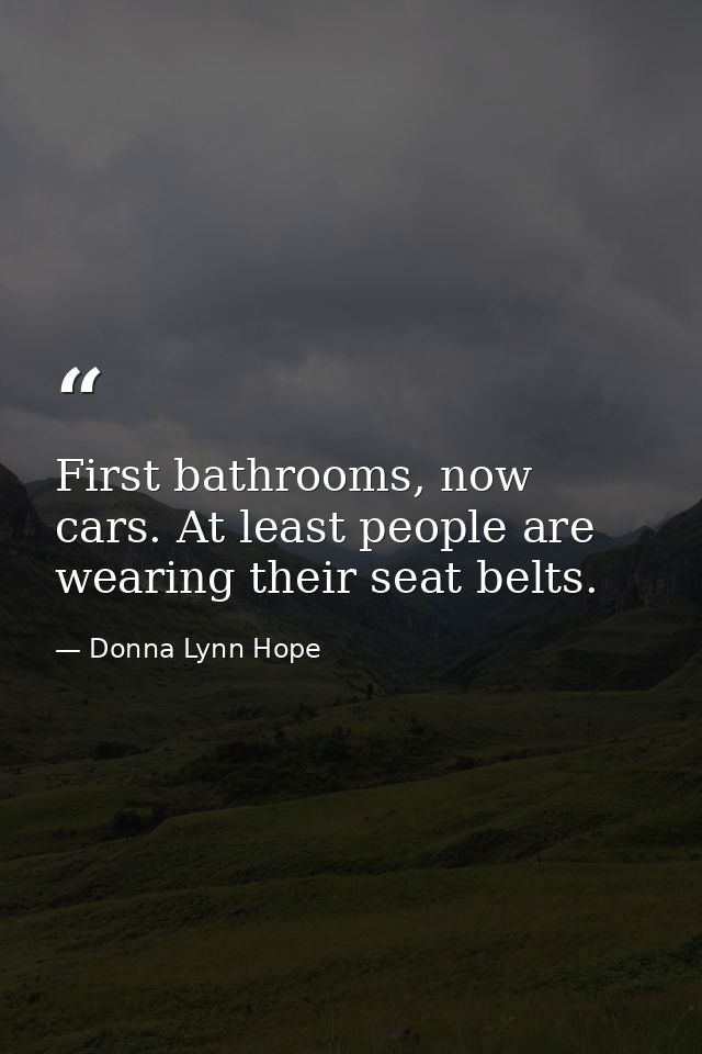 First bathrooms, now cars. At least people are wearing their seat belts. — Donna Lynn Hope