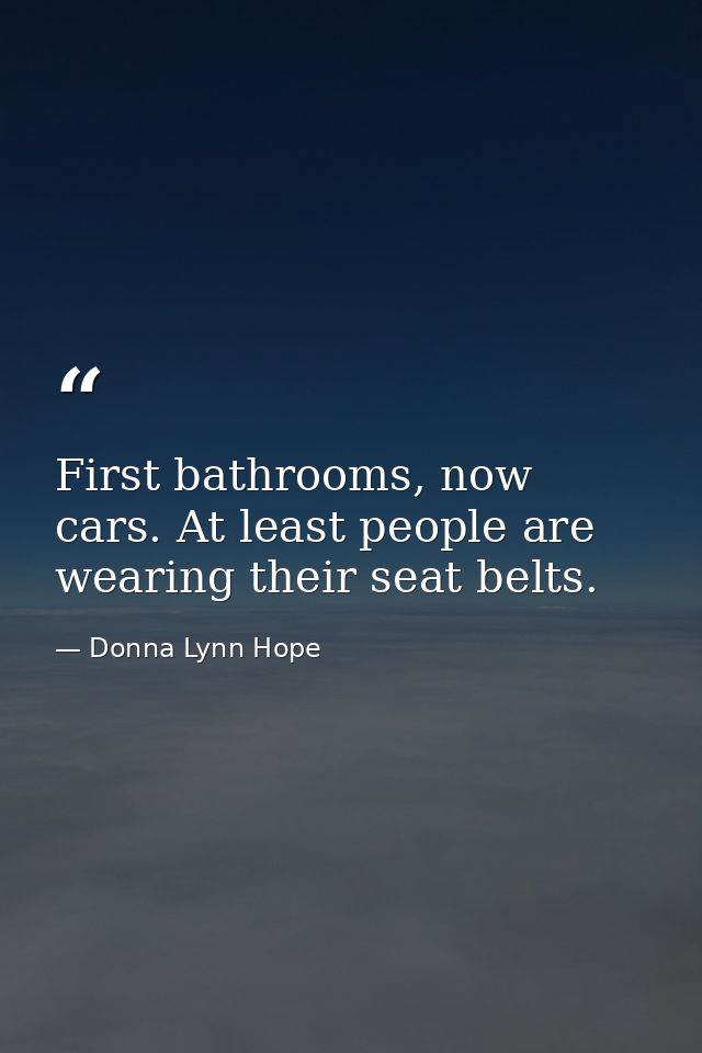 First bathrooms, now cars. At least people are wearing their seat belts. — Donna Lynn Hope