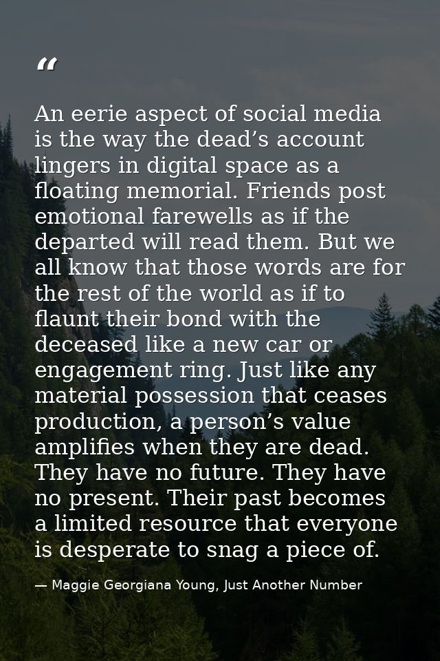 An eerie aspect of social media is the way the dead’s account lingers in digital space as a floating memorial. Friends p — Maggie Georgiana Young, Just Another Number