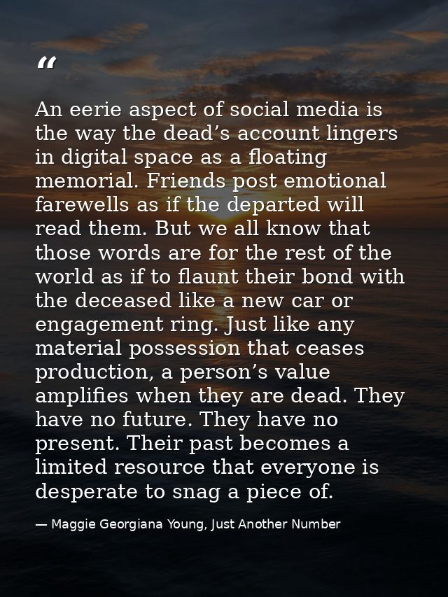 An eerie aspect of social media is the way the dead’s account lingers in digital space as a floating memorial. Friends p — Maggie Georgiana Young, Just Another Number