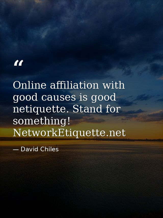 Online affiliation with good causes is good netiquette. Stand for something! NetworkEtiquette.net — David Chiles