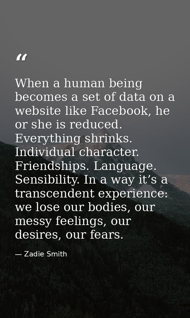 When a human being becomes a set of data on a website like Facebook, he or she is reduced. Everything shrinks. Individua — Zadie Smith