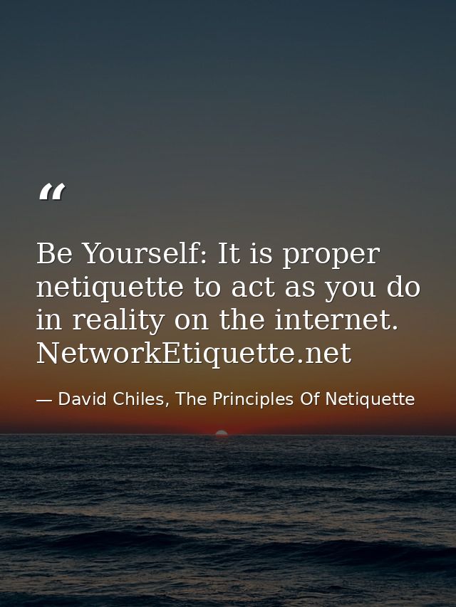 Be Yourself: It is proper netiquette to act as you do in reality on the internet. NetworkEtiquette.net — David Chiles, The Principles Of Netiquette