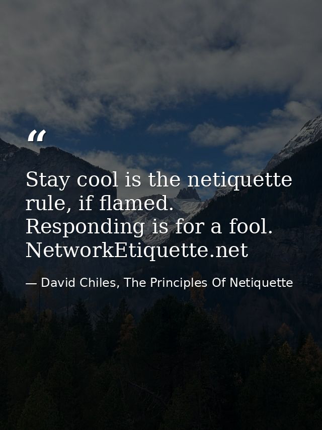 Stay cool is the netiquette rule, if flamed. Responding is for a fool. NetworkEtiquette.net — David Chiles, The Principles Of Netiquette
