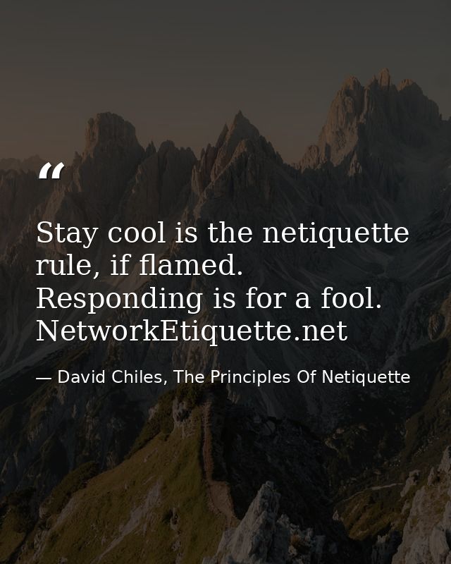 Stay cool is the netiquette rule, if flamed. Responding is for a fool. NetworkEtiquette.net — David Chiles, The Principles Of Netiquette