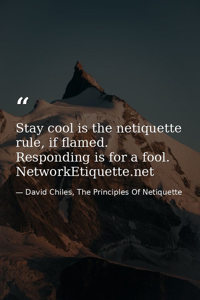 Stay cool is the netiquette rule, if flamed. Responding is for a fool. NetworkEtiquette.net — David Chiles, The Principles Of Netiquette