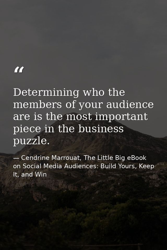 Determining who the members of your audience are is the most important piece in the business puzzle. — Cendrine Marrouat, The Little Big eBook on Social Media Audiences: Build Yours, Keep It, and Win