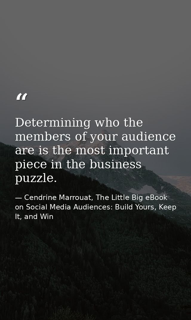 Determining who the members of your audience are is the most important piece in the business puzzle. — Cendrine Marrouat, The Little Big eBook on Social Media Audiences: Build Yours, Keep It, and Win