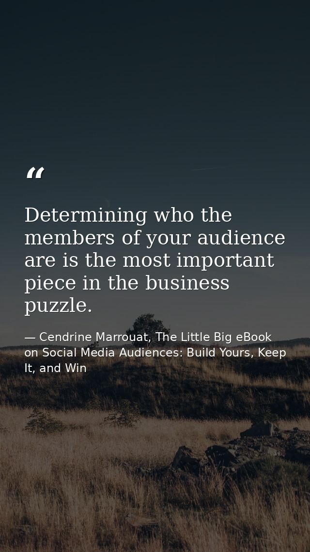 Determining who the members of your audience are is the most important piece in the business puzzle. — Cendrine Marrouat, The Little Big eBook on Social Media Audiences: Build Yours, Keep It, and Win