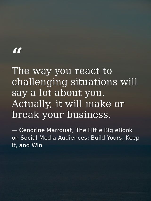 The way you react to challenging situations will say a lot about you. Actually, it will make or break your business. — Cendrine Marrouat, The Little Big eBook on Social Media Audiences: Build Yours, Keep It, and Win