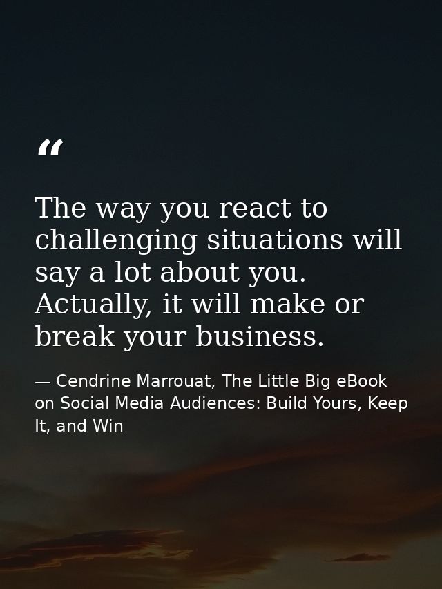 The way you react to challenging situations will say a lot about you. Actually, it will make or break your business. — Cendrine Marrouat, The Little Big eBook on Social Media Audiences: Build Yours, Keep It, and Win