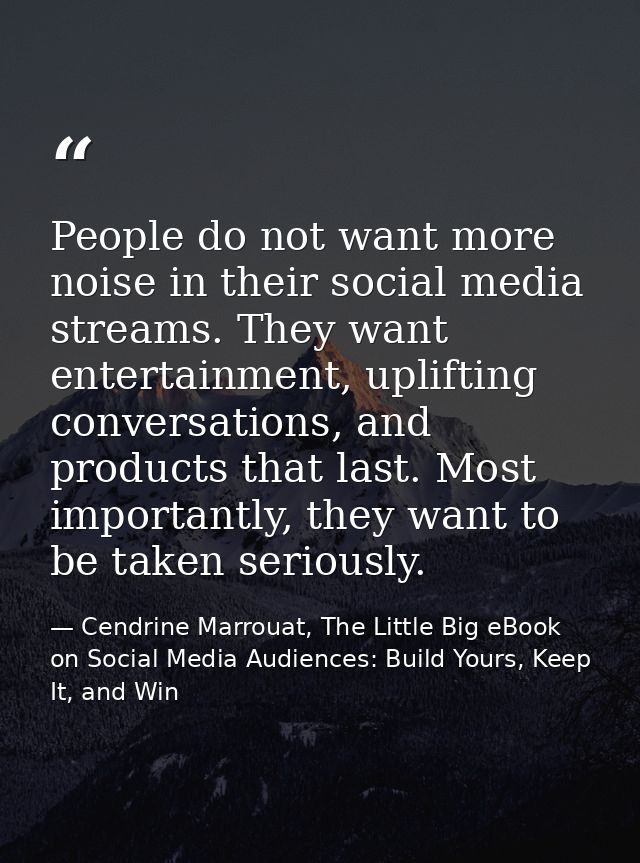 People do not want more noise in their social media streams. They want entertainment, uplifting conversations, and produ — Cendrine Marrouat, The Little Big eBook on Social Media Audiences: Build Yours, Keep It, and Win