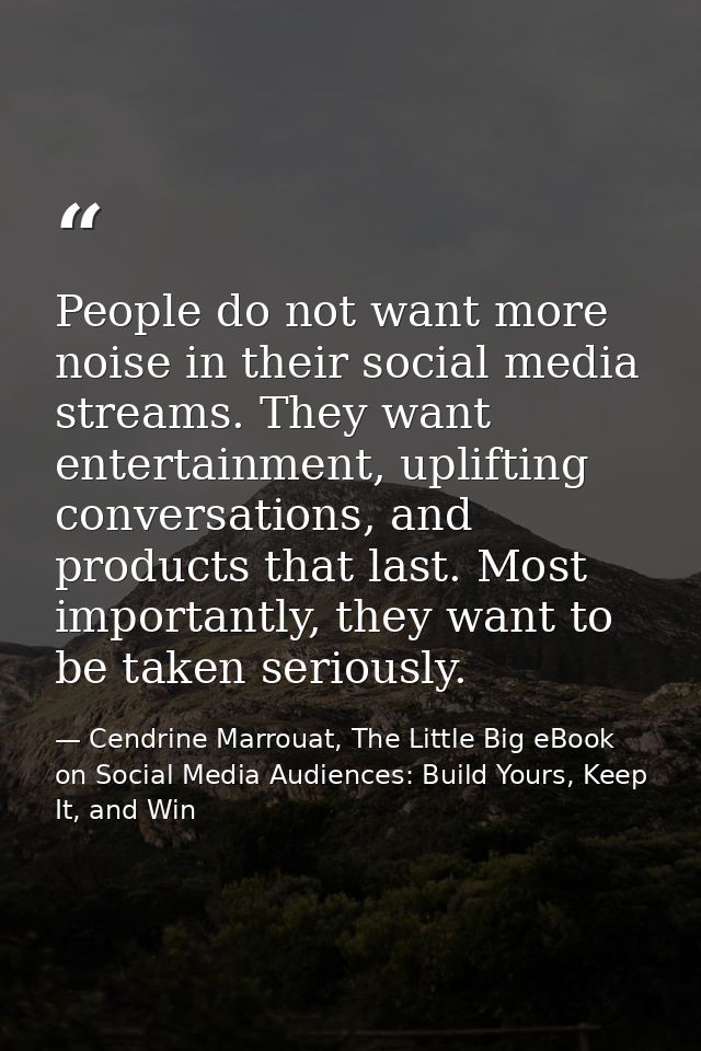 People do not want more noise in their social media streams. They want entertainment, uplifting conversations, and produ — Cendrine Marrouat, The Little Big eBook on Social Media Audiences: Build Yours, Keep It, and Win