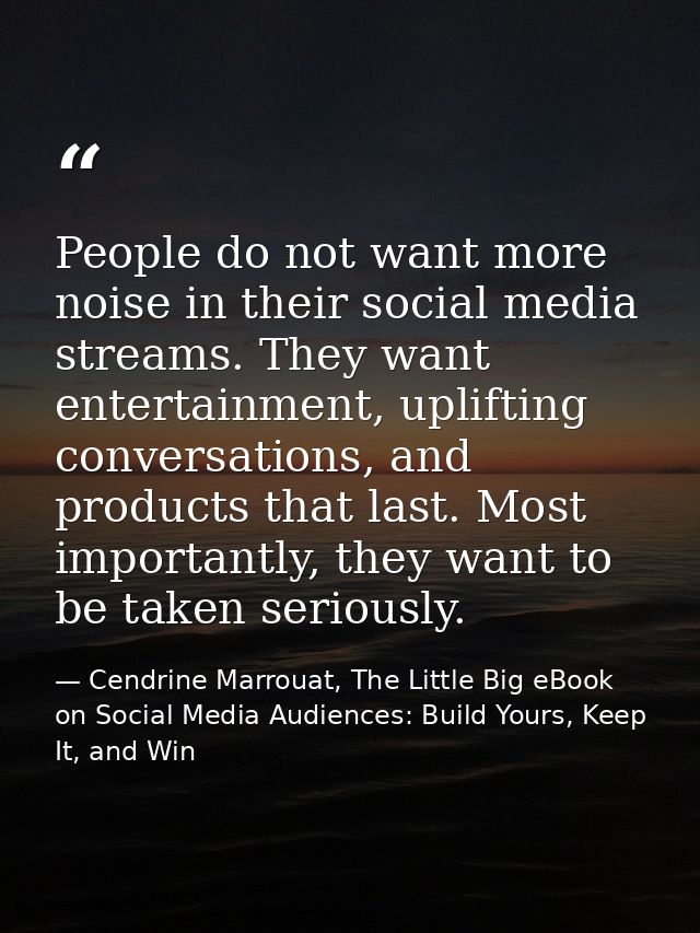 People do not want more noise in their social media streams. They want entertainment, uplifting conversations, and produ — Cendrine Marrouat, The Little Big eBook on Social Media Audiences: Build Yours, Keep It, and Win