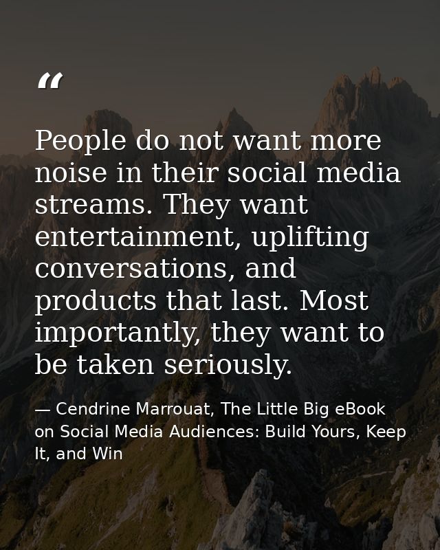 People do not want more noise in their social media streams. They want entertainment, uplifting conversations, and produ — Cendrine Marrouat, The Little Big eBook on Social Media Audiences: Build Yours, Keep It, and Win