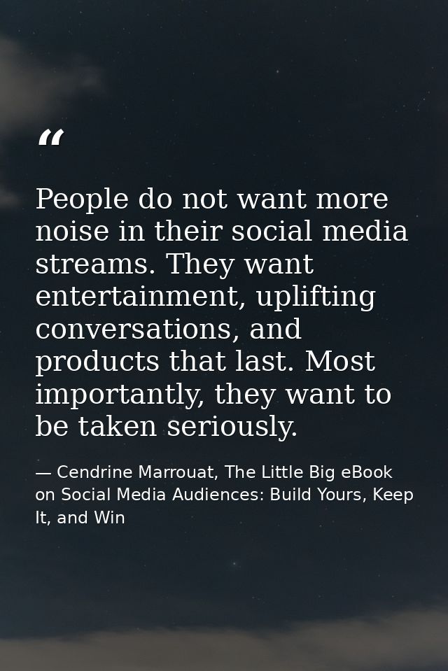People do not want more noise in their social media streams. They want entertainment, uplifting conversations, and produ — Cendrine Marrouat, The Little Big eBook on Social Media Audiences: Build Yours, Keep It, and Win