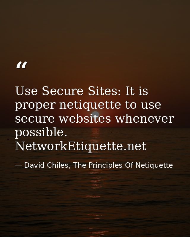 Use Secure Sites: It is proper netiquette to use secure websites whenever possible. NetworkEtiquette.net — David Chiles, The Principles Of Netiquette