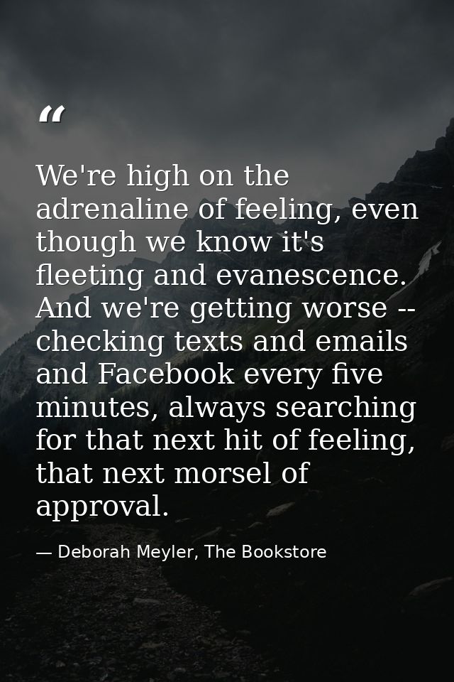 We're high on the adrenaline of feeling, even though we know it's fleeting and evanescence. And we're getting worse -- c — Deborah Meyler, The Bookstore