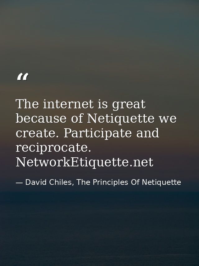 The internet is great because of Netiquette we create. Participate and reciprocate. NetworkEtiquette.net — David Chiles, The Principles Of Netiquette