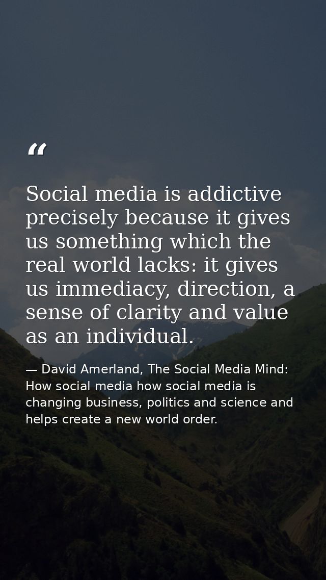 Social media is addictive precisely because it gives us something which the real world lacks: it gives us immediacy, dir — David Amerland, The Social Media Mind: How social media how social media is changing business, politics and science and helps create a new world order.